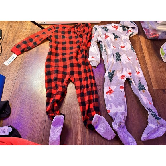carter s 3t lot set of 2 fleece footed sleepers plaid christmas holiday nwt - Picture 5 of 5